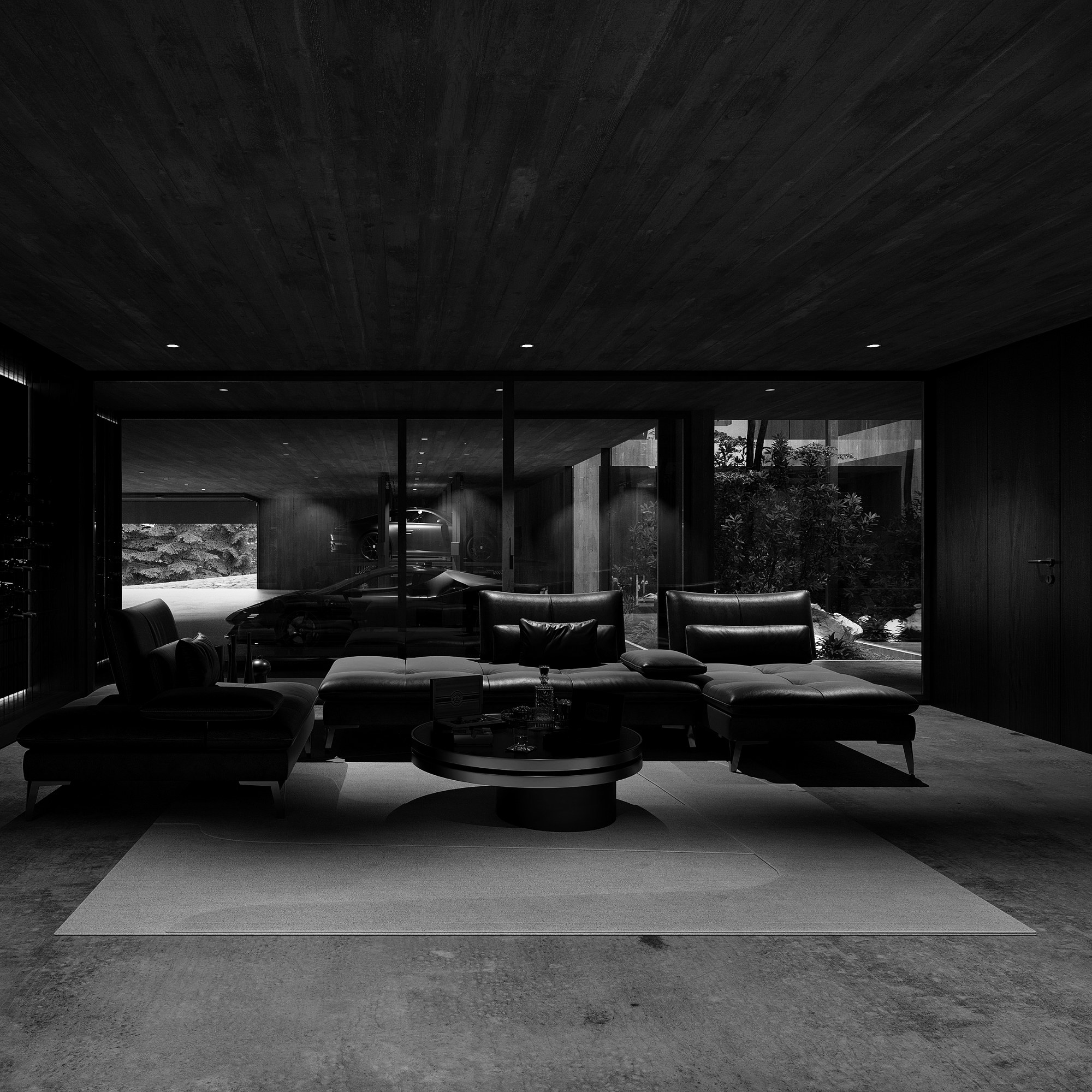 Lounge mit Cigar-Tisch und Blick in die Garage