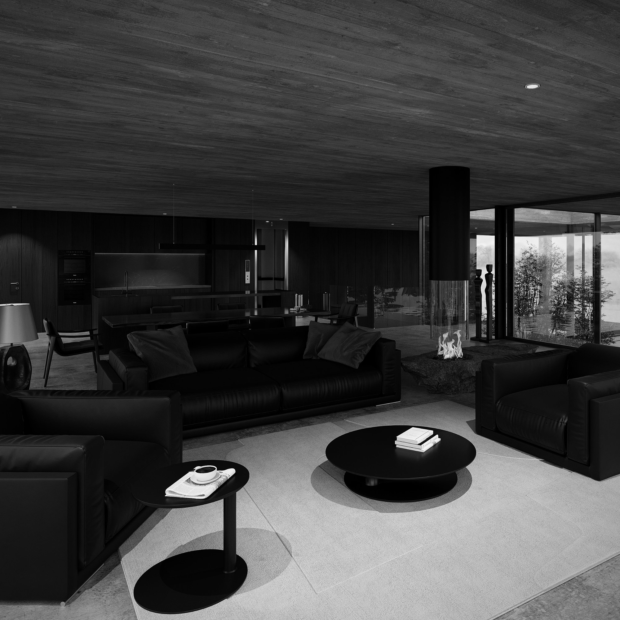 Wohnbereich mit schwarzen Ledersofas und frei hängender Feuerstelle