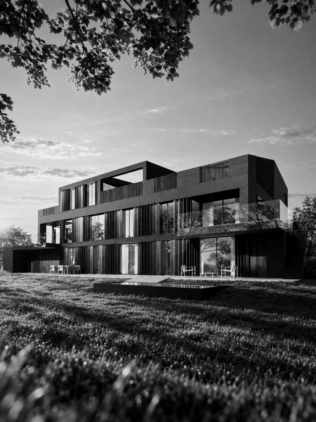 The Obsidian mit Holzlamellen, Terrassen und Pool im Abendlicht