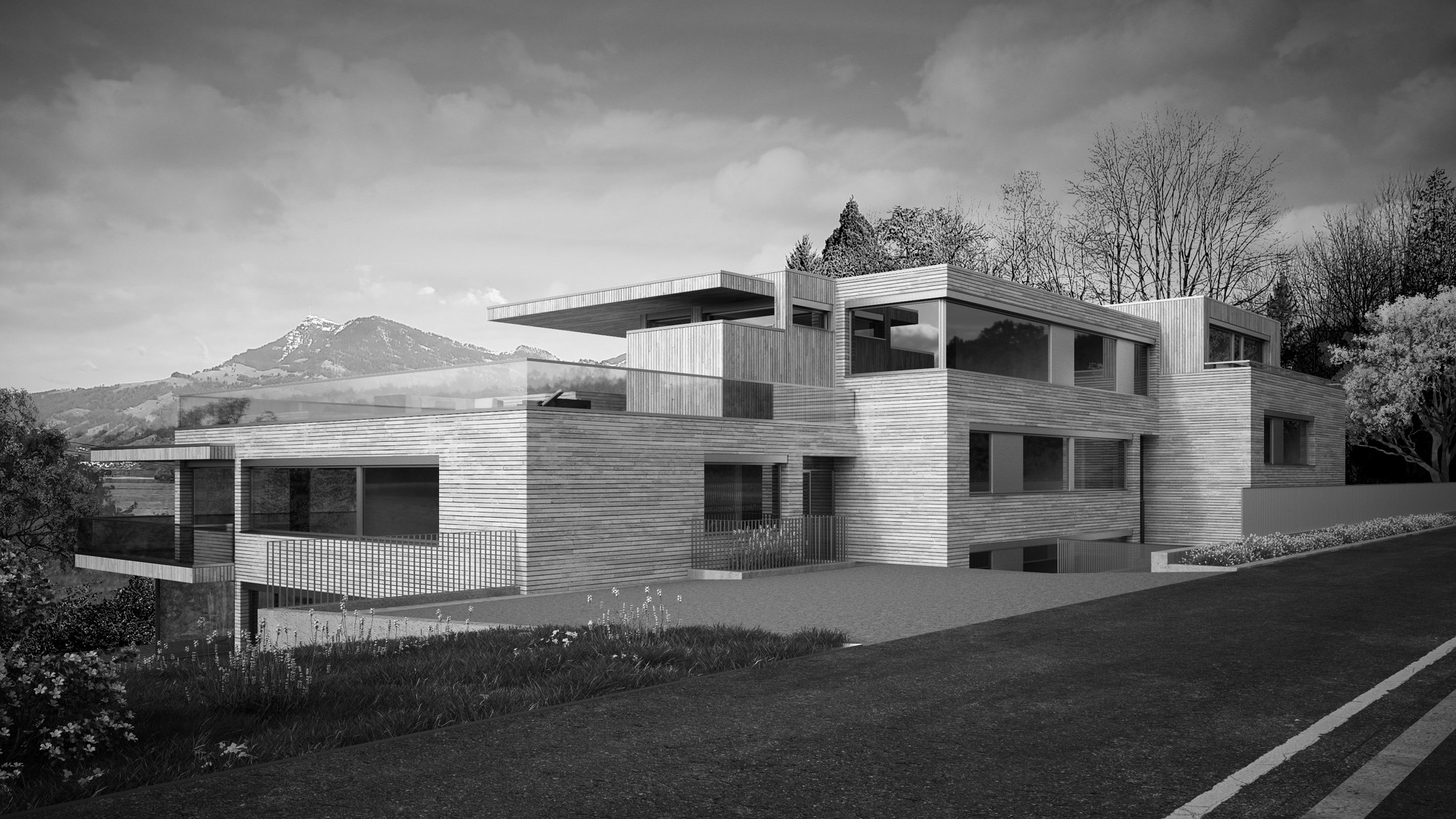 Residenz mit heller Holzfassade, Terrassen und Blick auf See und Berge