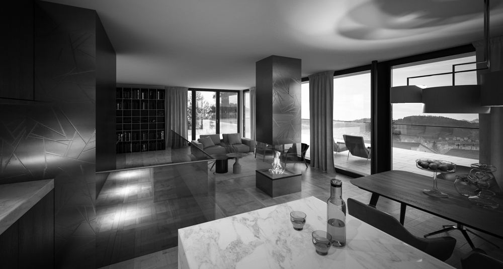 Wohnbereich mit Kaminsäule aus Messing, Bibliothek und Terrasse