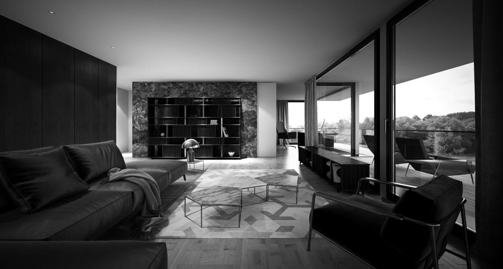 Salon mit Sofa, Marmortischen und blauer Wandgestaltung