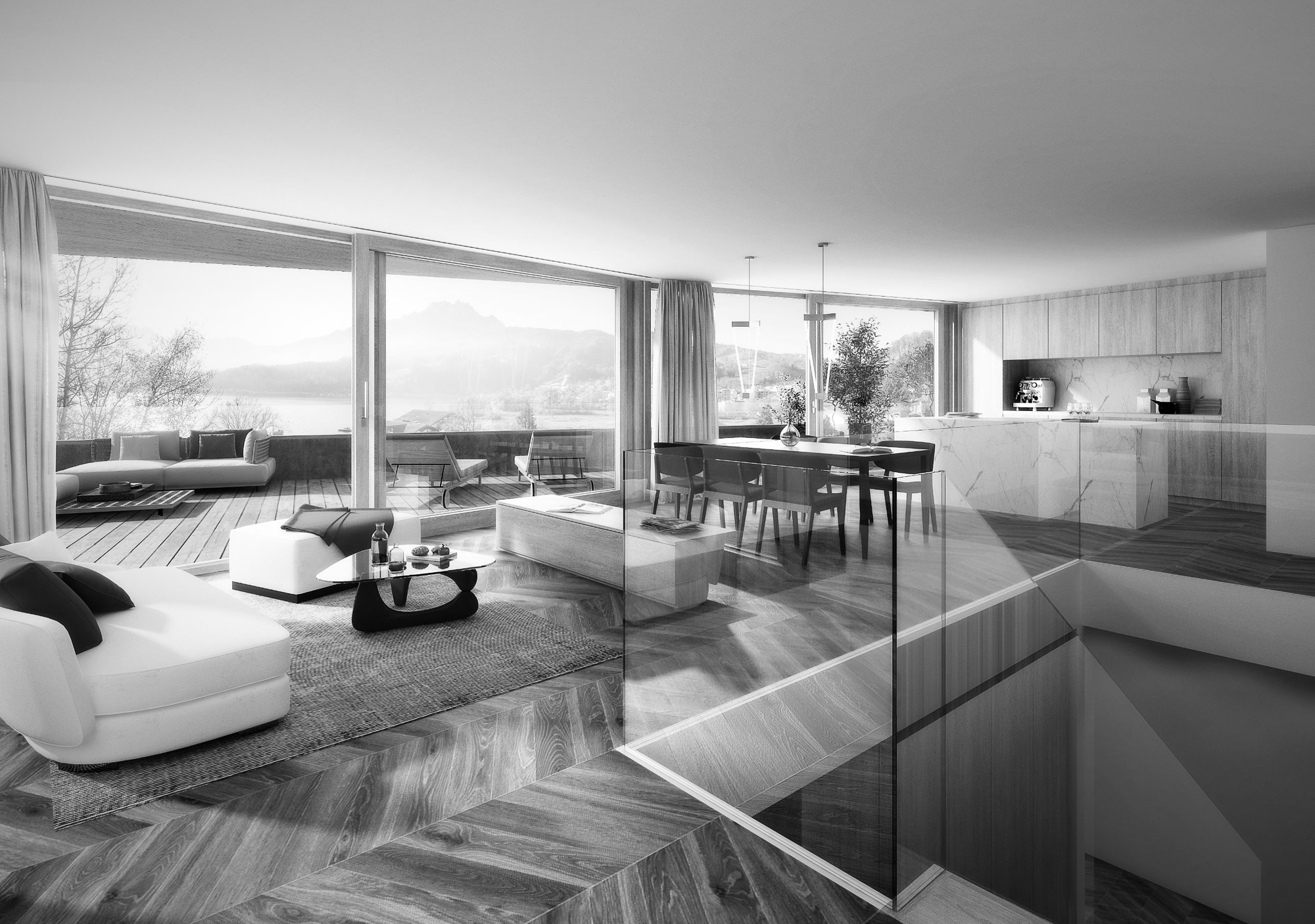 Wohnraum mit Terrasse und Blick auf See und Pilatus