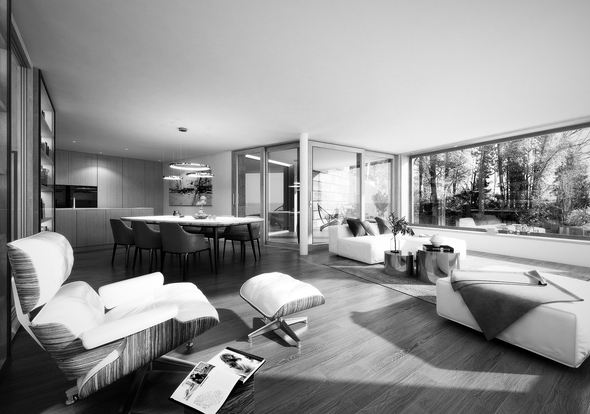 Wohn- und Essbereich mit Eames Lounge Chair und Panoramafenster